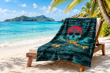 Jolly Roger towel banner on a beach chair on a tropical island